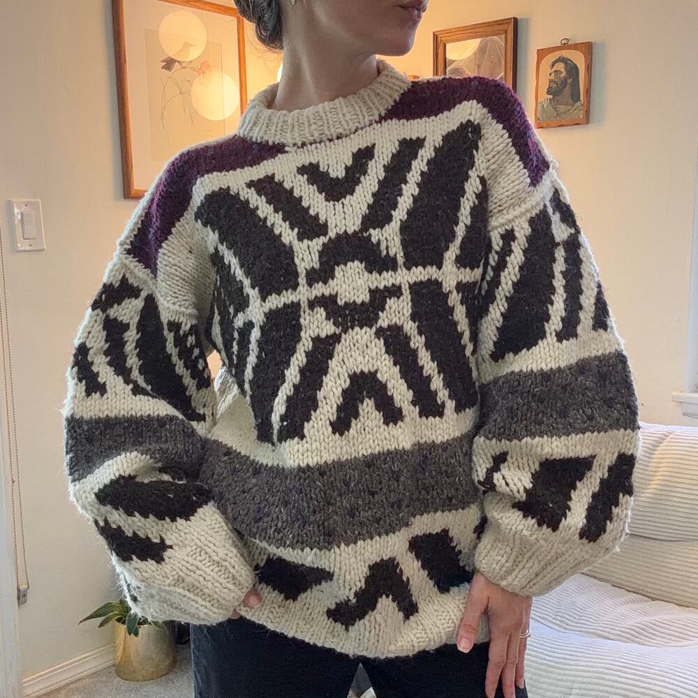 Vintage Arte Incas Ecuador Chunky Wool Knit Geometric Tribal Sweater Cream Sz M